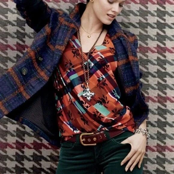 Women's Cabi # 3773 Lattice Top Plaid Floral Layered Blouse Top 2-Piece Medium - Picture 3 of 16